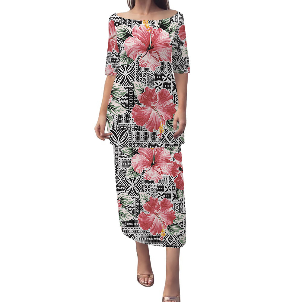 Polynesian Puletasi Dress Pink Hibiscus Flower With Tapa Pattern LT14 White - Polynesian Pride