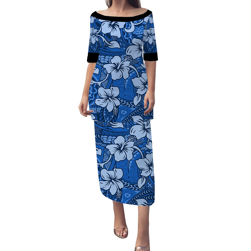 Polynesian Puletasi Dress Tropical Hibiscus Flower With Tapa Pattern Ver.04 LT14 Blue - Polynesian Pride