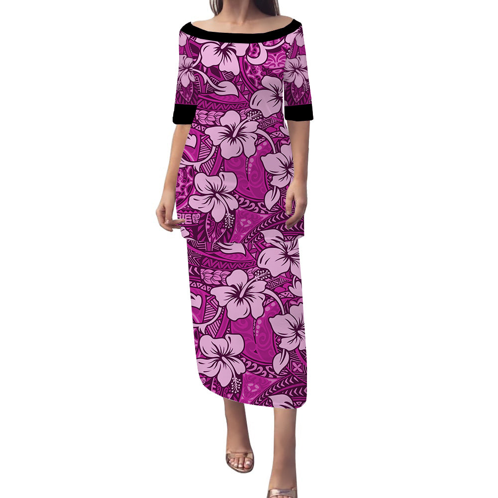 Polynesian Puletasi Dress Tropical Hibiscus Flower With Tapa Pattern Ver.03 LT14 Pink - Polynesian Pride
