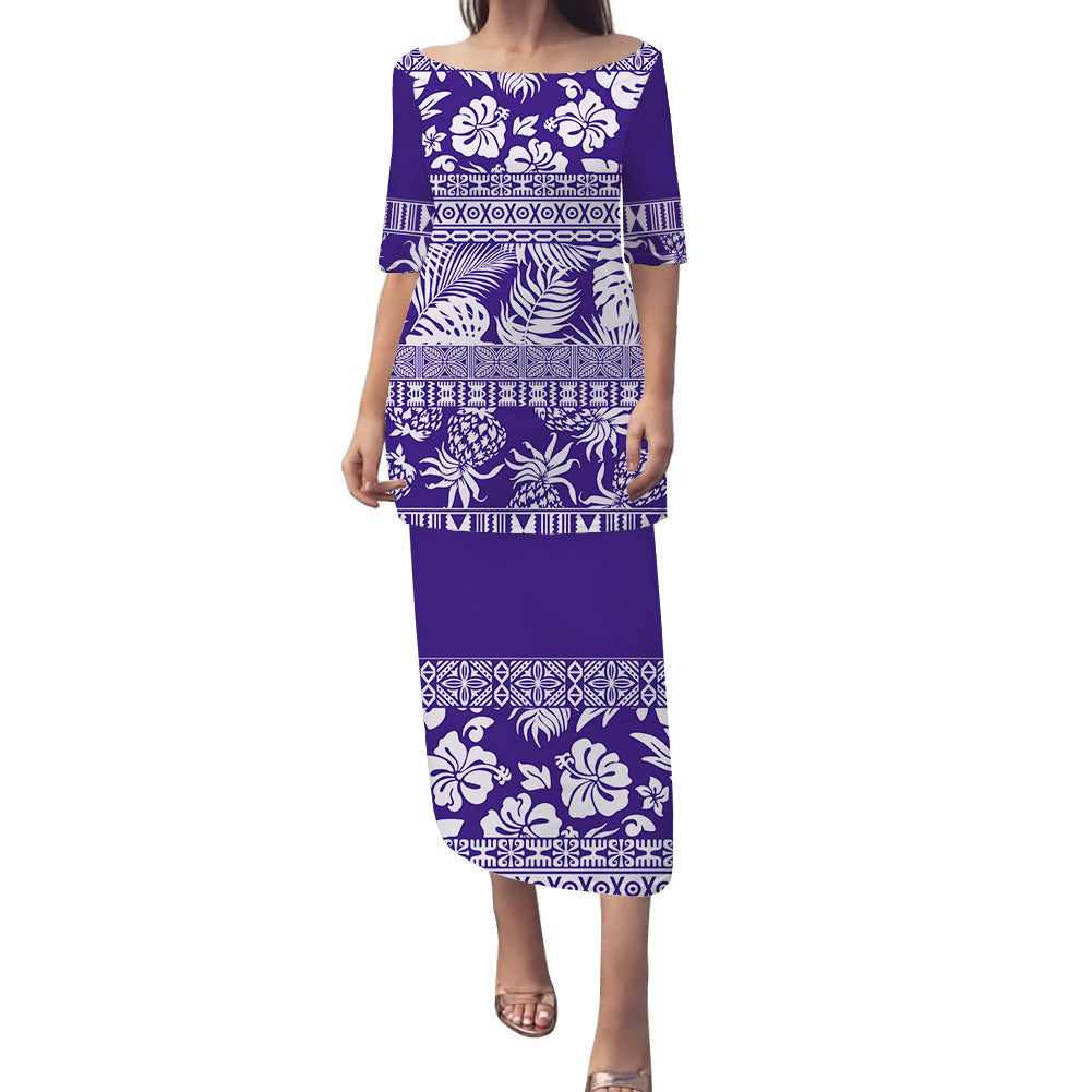 Polynesian Puletasi Dress Hibiscus Tropical Leaves Pattern Ver.05 LT14 Purple - Polynesian Pride