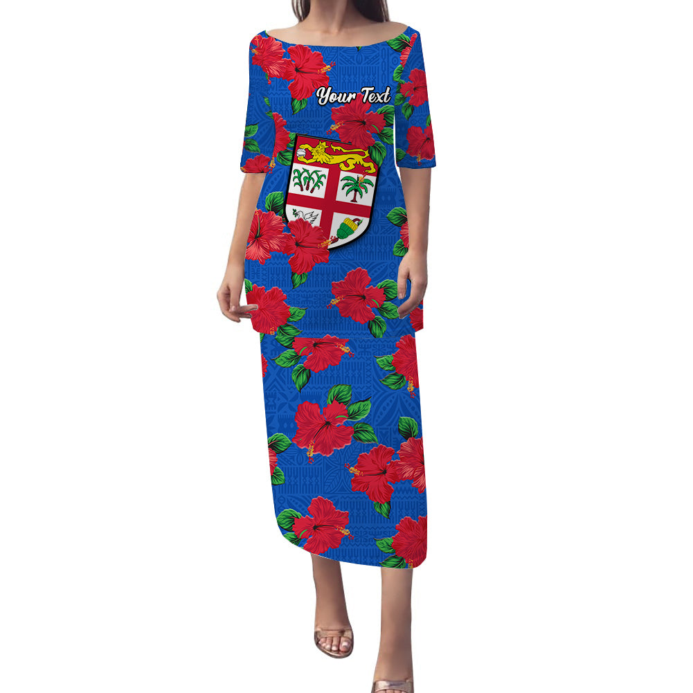 (Custom Personalised) Fiji Puletasi Dress Tropical Flowers Mix Tapa Pattern LT14 Blue - Polynesian Pride