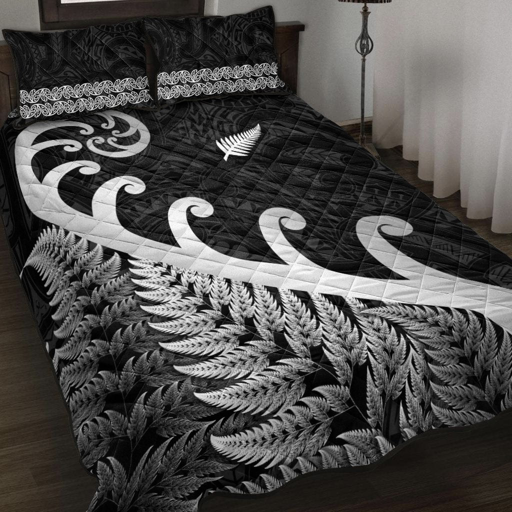 New Zealand Rugby Maori Quilt Bed Set Silver Fern Koru Vibes - Black LT8 - Polynesian Pride