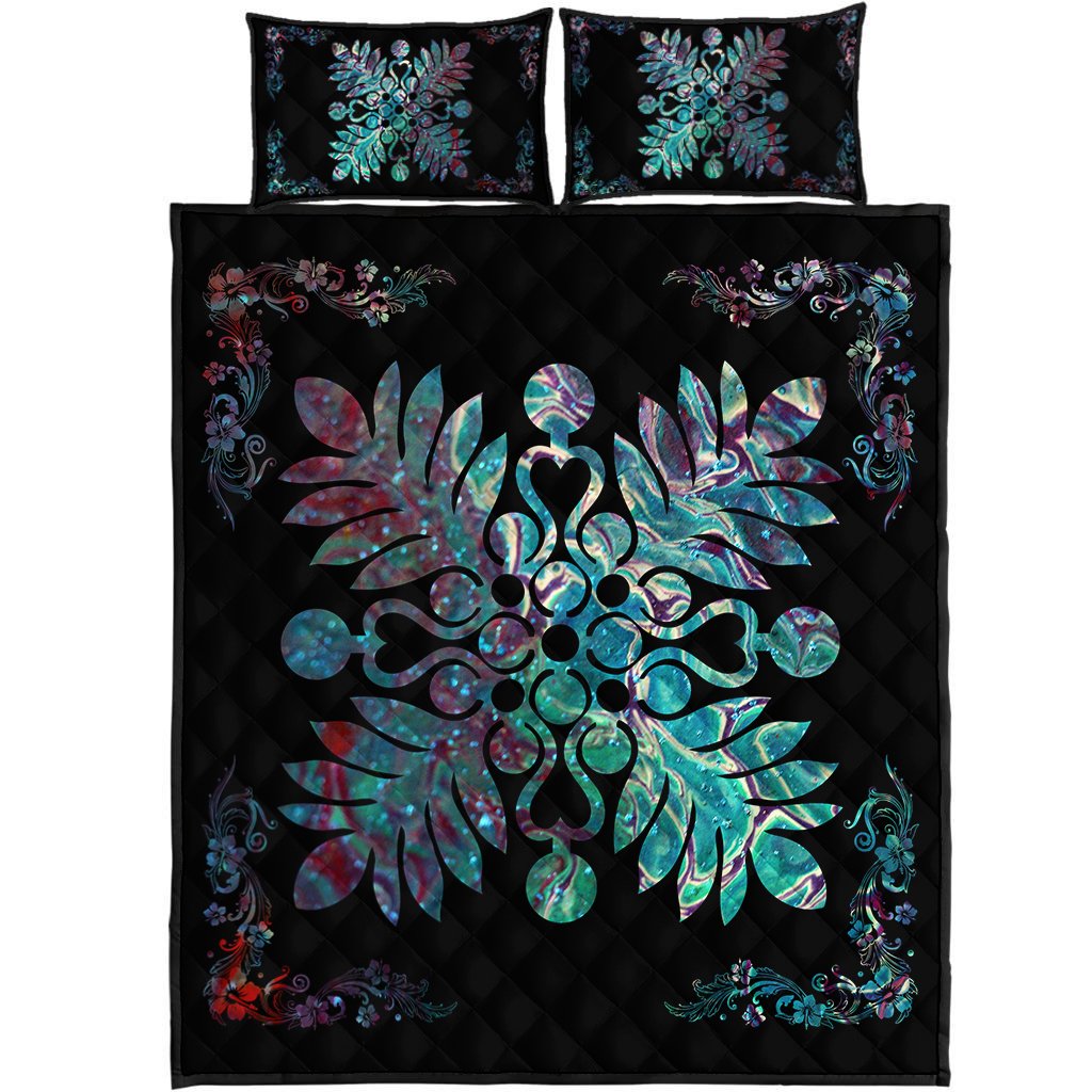 Hawaiian Quilt Maui Plant And Hibiscus Pattern Quilt Bed Set - Shell Black - AH Shell - Polynesian Pride