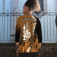 (Custom Personalised) New Caledonia Raglan 3/4 Sleeve T Shirt Nautilus Gold Polynesian Hibiscus LT13 - Polynesian Pride