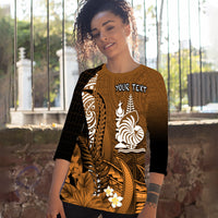 (Custom Personalised) New Caledonia Raglan 3/4 Sleeve T Shirt Nautilus Gold Polynesian Hibiscus LT13 Gold - Polynesian Pride