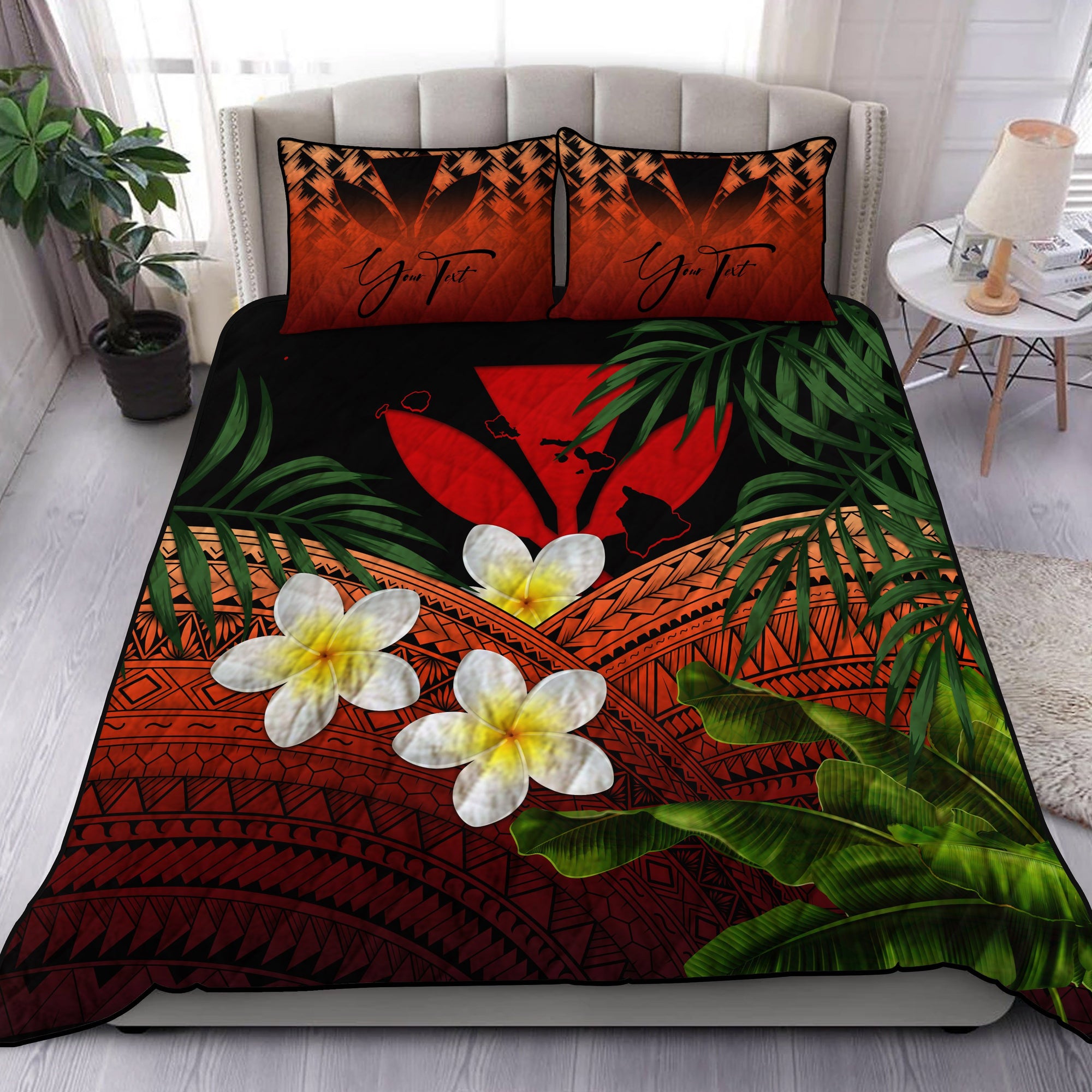 (Custom) Kanaka Maoli (Hawaiian) Quilt Bed Set, Polynesian Plumeria Banana Leaves Red Personal Signature Twin Red - Polynesian Pride