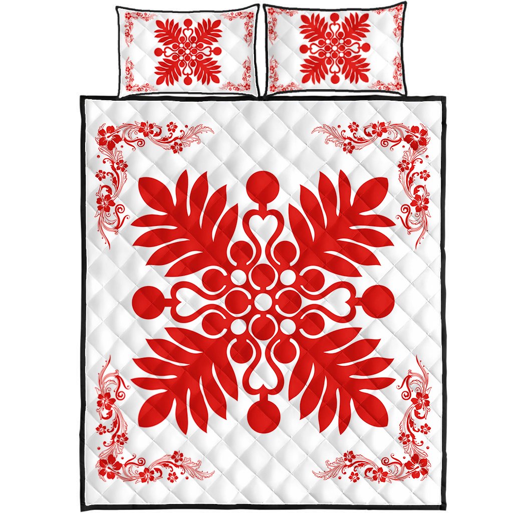Hawaiian Quilt Maui Plant And Hibiscus Pattern Quilt Bed Set - Red White - AH Red - Polynesian Pride