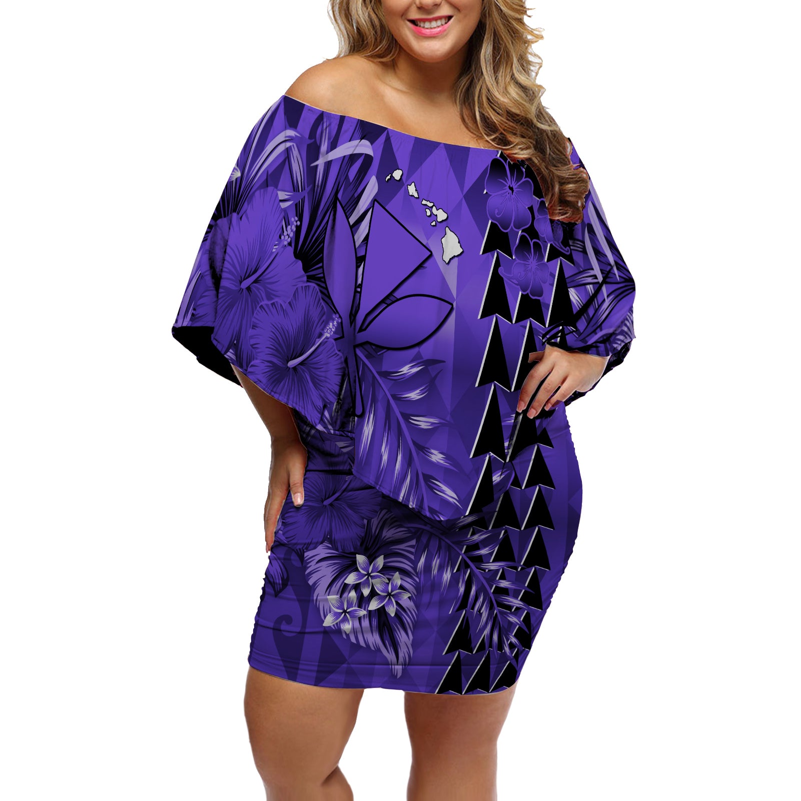 Hawaii Flowers Off Shoulder Short Dress Purple Tribal Pattern Hawaiian LT13 Women Purple - Polynesian Pride