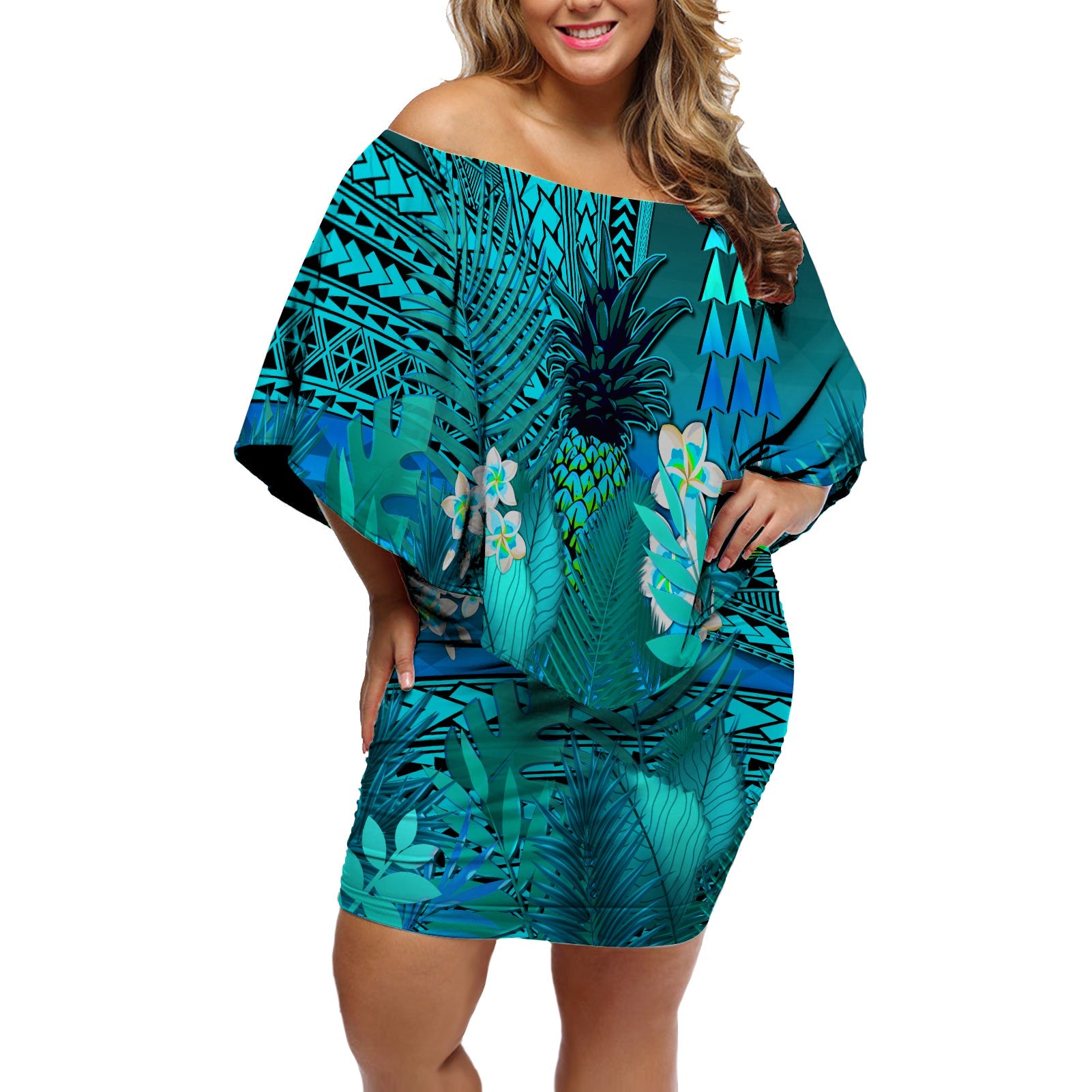 Hawaii Pineapple Off Shoulder Short Dress Blue Plumeria Frangipani Mix Tribal Pattern LT13 Women Blue - Polynesian Pride