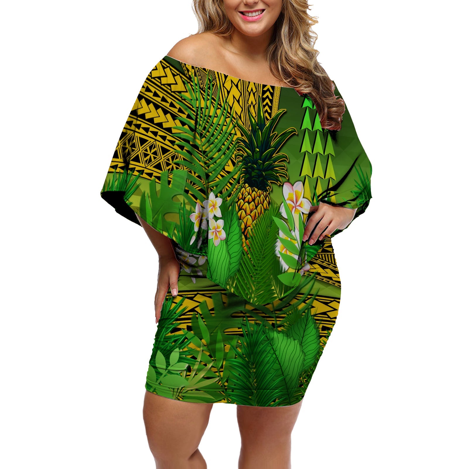 Hawaii Pineapple Off Shoulder Short Dress Plumeria Frangipani Mix Tribal Pattern LT13 Women Green - Polynesian Pride