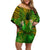 Hawaii Pineapple Off Shoulder Short Dress Plumeria Frangipani Mix Tribal Pattern LT13 Women Green - Polynesian Pride