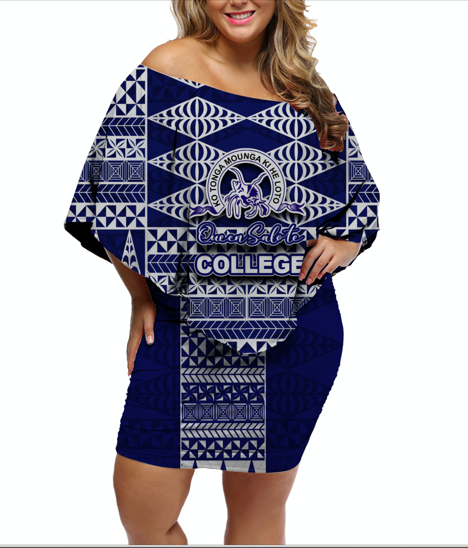 Queen Salote College Off Shoulder Short Dress Tonga Simple Style LT6 Women Blue - Polynesian Pride