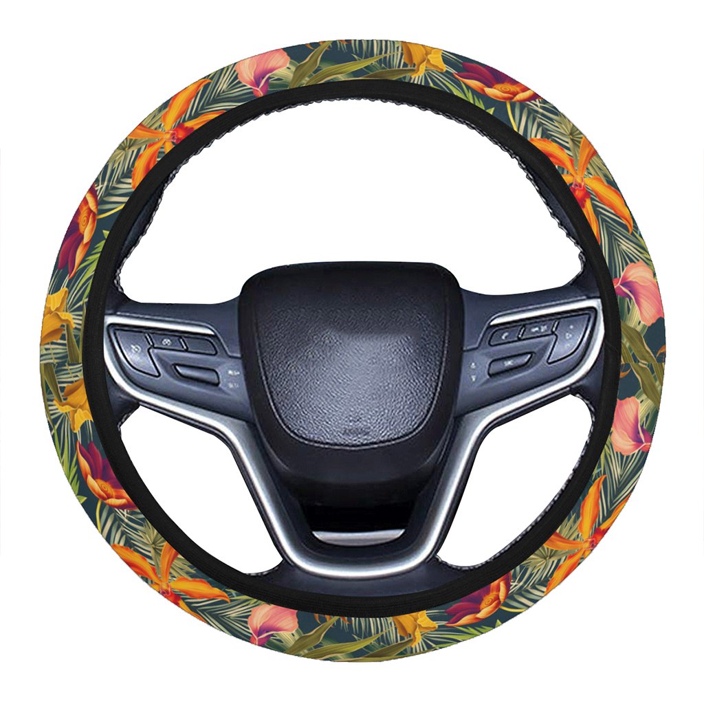 Seamless Tropical Flower Plant And Leaf Pattern Hawaii Universal Steering Wheel Cover with Elastic Edge One Size Blue Steering Wheel Cover - Polynesian Pride