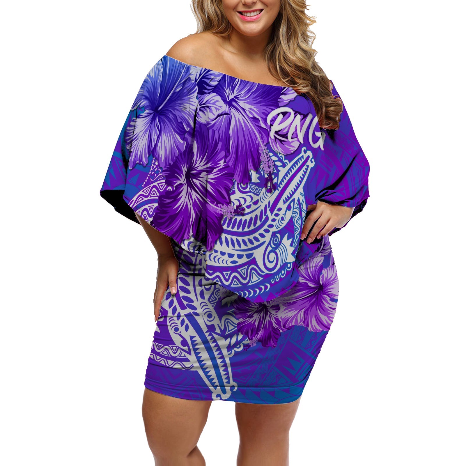 PNG Off Shoulder Short Dress Papua Sepik Crocodile Tattoo - Purple Ombre LT7 Women Purple - Polynesian Pride