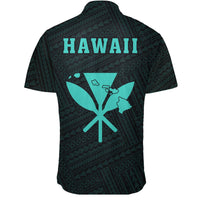 Hawaii Kakau Polynesian Kanaka Map Short Sleeve Shirt - Turquoise - Polynesian Pride