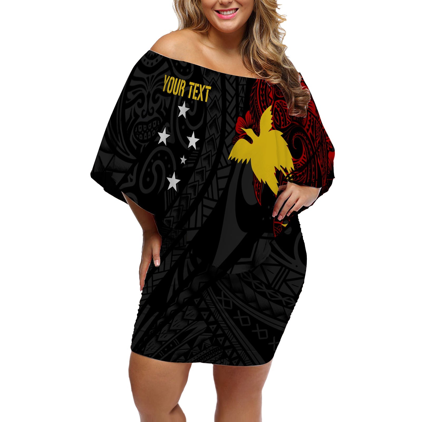 Personalised Papua New Guinea 47th Independence Off Shoulder Short Dress Tribal Turtle LT7 Women Black - Polynesian Pride