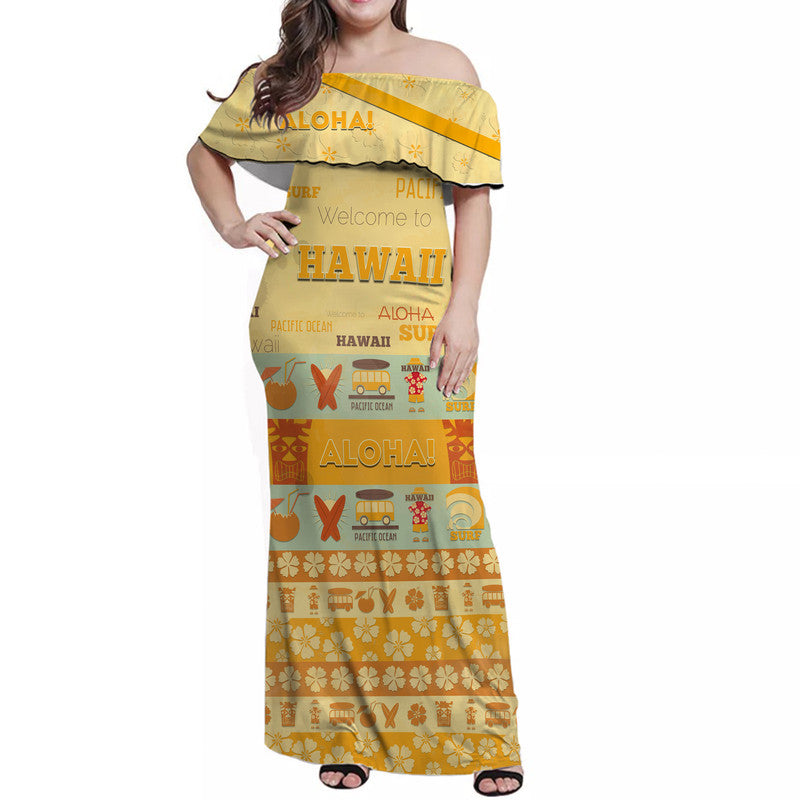 Hawaii Surf Retro Style Women Off Shoulder Long Dress LT9 Women Yellowish - Polynesian Pride