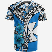 Custom Wallis et Futuna T Shirt Polynesian Pattern and Hibiscus Flowers Version Blue LT13 - Polynesian Pride