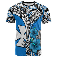 Custom Wallis et Futuna T Shirt Polynesian Pattern and Hibiscus Flowers Version Blue LT13 Unisex Blue - Polynesian Pride