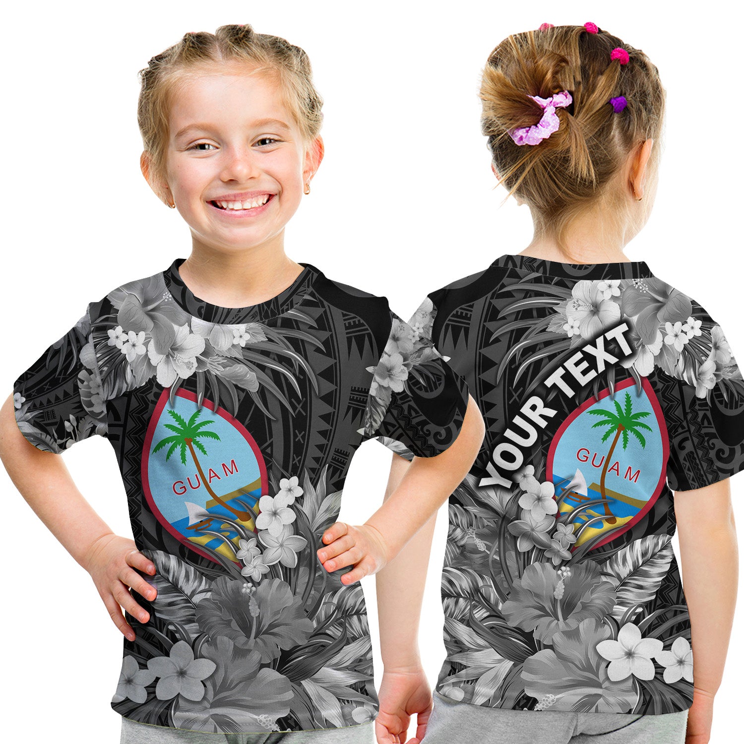 (Custom Personalised) Guam Polynesian T Shirt KID Tropical Flowers - Black LT8 - Polynesian Pride