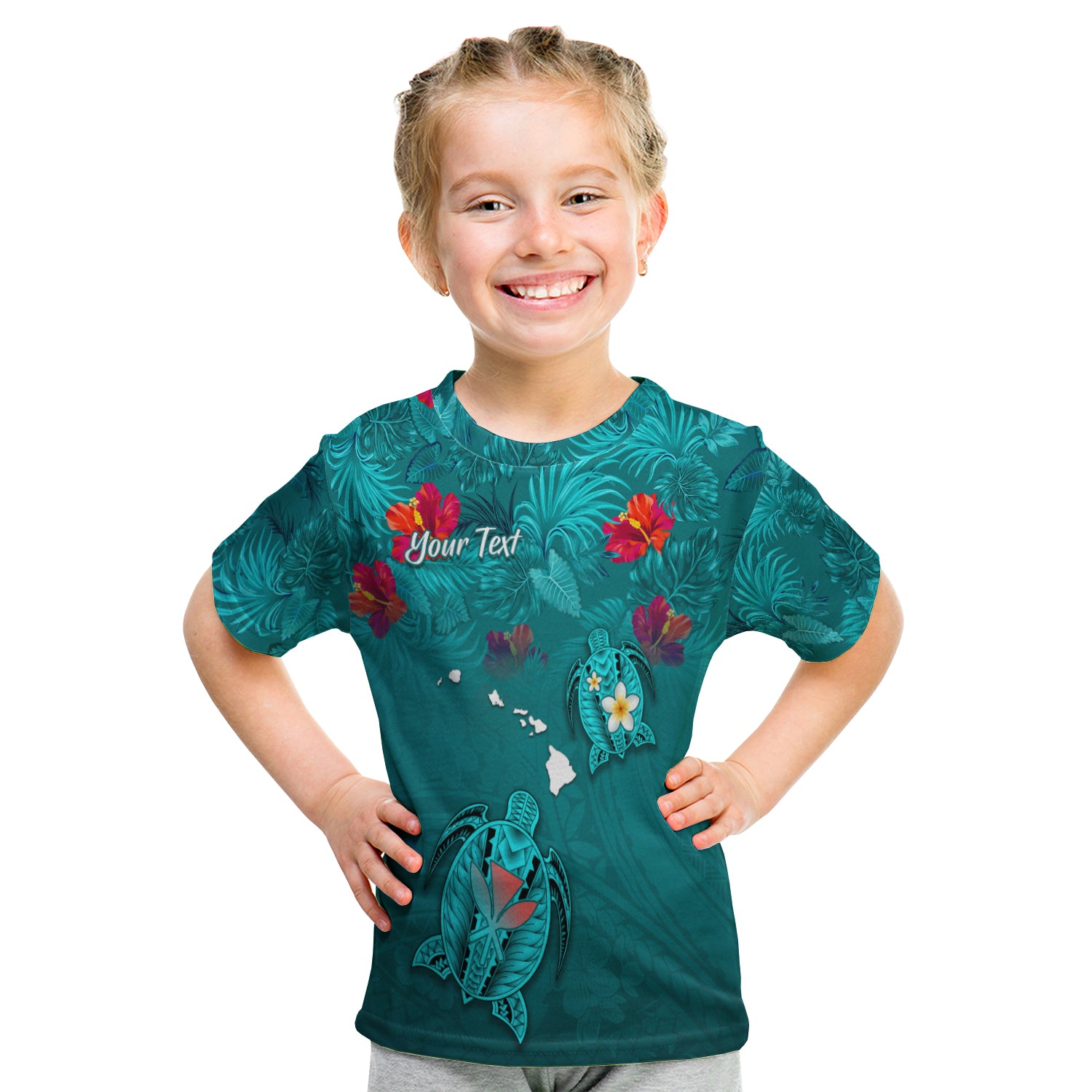 (Custom Personalised) Hawaiian Islands T Shirt Kid - Hawaii Tropical Flowers And Turtles Turquoise LT13 - Polynesian Pride