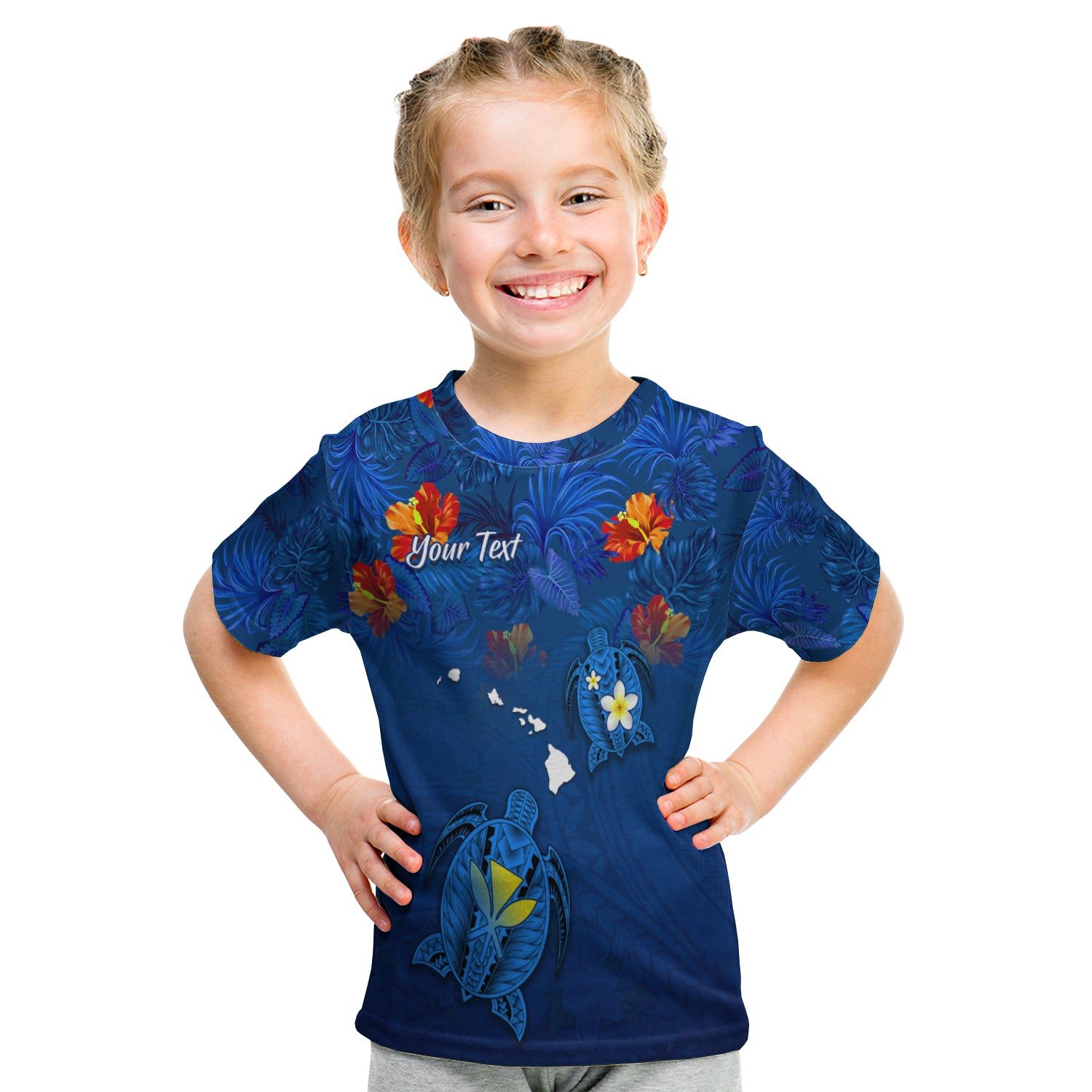 (Custom Personalised) Hawaiian Islands T Shirt Kid - Hawaii Tropical Flowers And Turtles Blue LT13 - Polynesian Pride