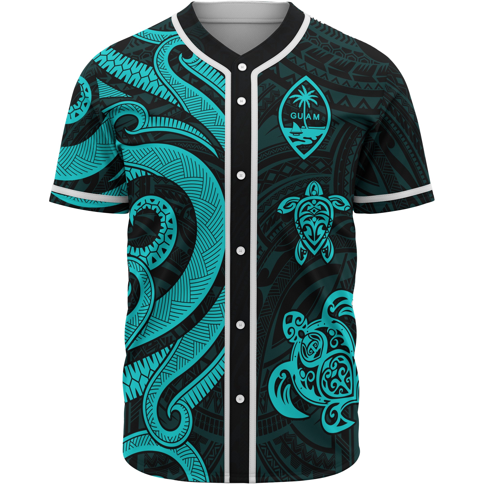 Guam Baseball Shirt - Turquoise Tentacle Turtle Unisex Turquoise - Polynesian Pride