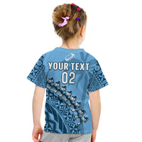 (Custom Text And Number) Fiji Tapa Rugby T Shirt KID Fijian Cibi Dance Tapa Pattern Blue LT14 - Polynesian Pride
