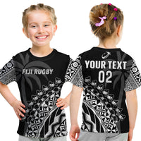 (Custom Text And Number) Fiji Rugby T Shirt KID Fijian Cibi Dance Tapa Pattern Black LT14 Youth XL Size14 - Polynesian Pride