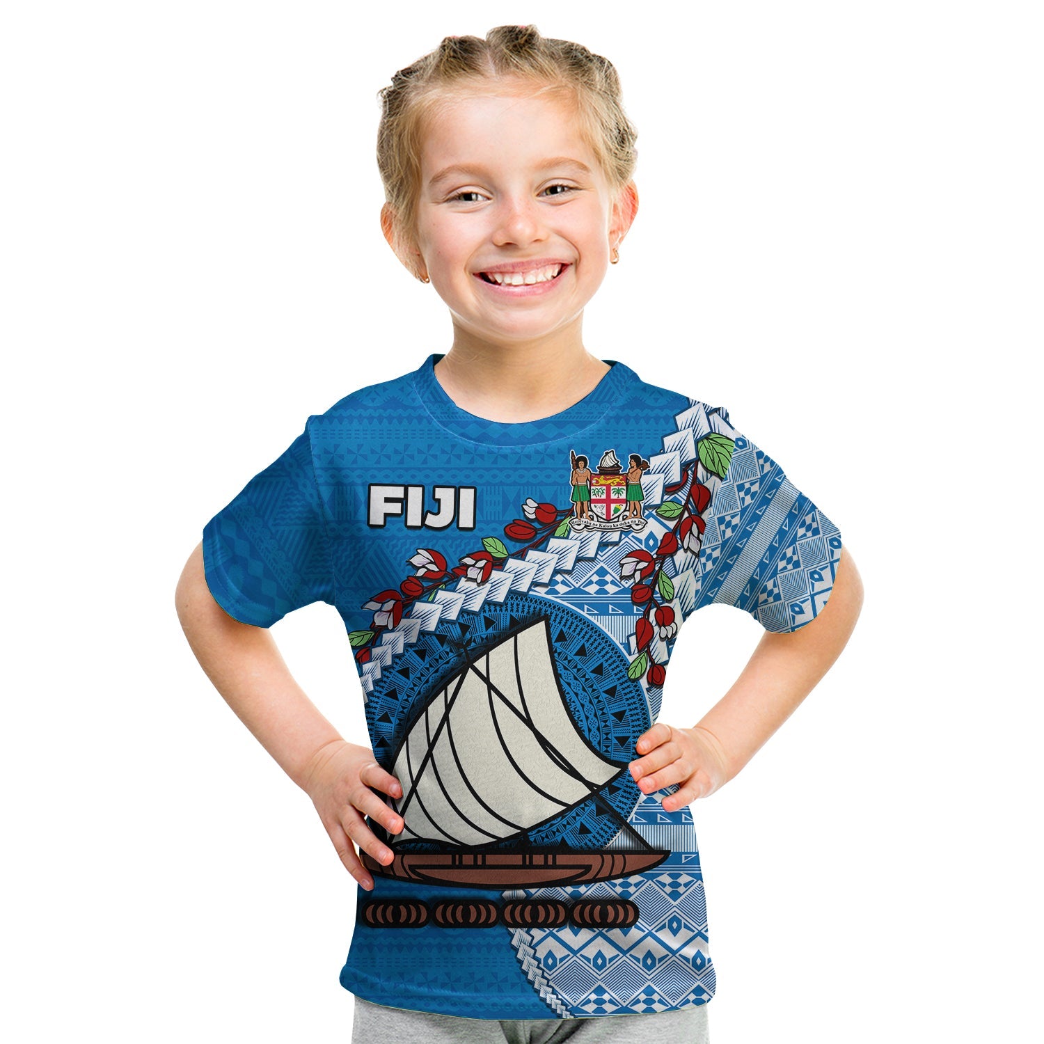 Fiji T Shirt KID Fijian Drua Mix Tagimaucia Flower Blue Style LT14 - Polynesian Pride