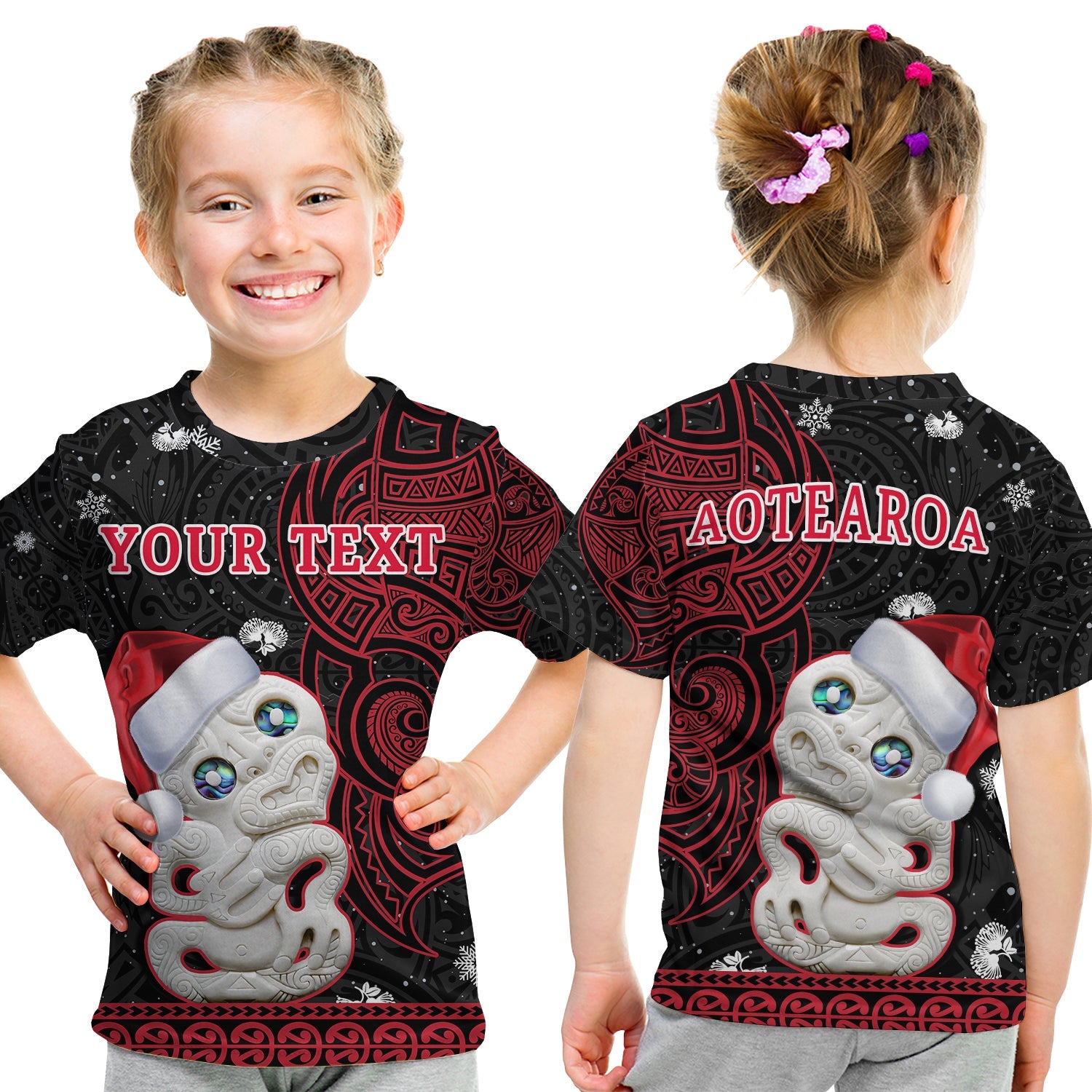 (Custom Personalised) New Zealand Christmas T Shirt KID Hei Tiki Red Pohutukawa Meri Kirihimete LT14 - Polynesian Pride