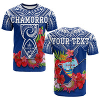 Custom Guam Chamorro T Shirt Guaman Latte Stone Tropical Flowers Blue Version LT14 Adult Blue - Polynesian Pride