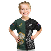 South Africa Protea and New Zealand Fern T Shirt KID Rugby Go Springboks vs All Black LT13 - Polynesian Pride