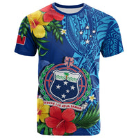 Samoa T Shirt Coat of Arms Mix Tropical Flowers LT14 Blue - Polynesian Pride