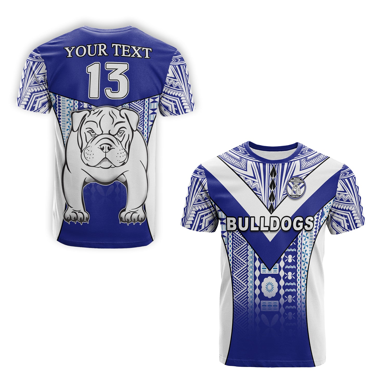 Custom Makoi Bulldogs T Shirt Mix Tapa Fijian Custom Text and Number LT13 Unisex Blue - Polynesian Pride
