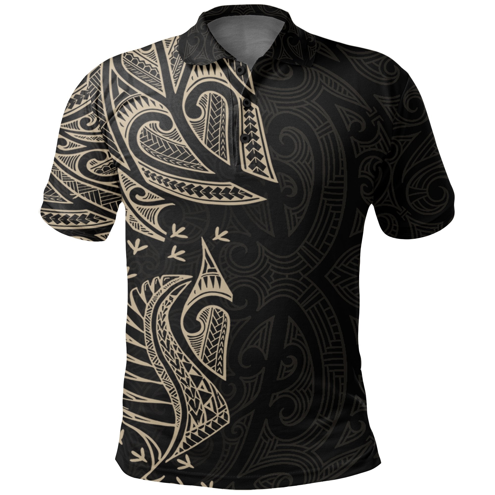 New Zealand Maori Polo Shirt, Ta Moko Tattoo Golf Shirt Tan Unisex Black - Polynesian Pride