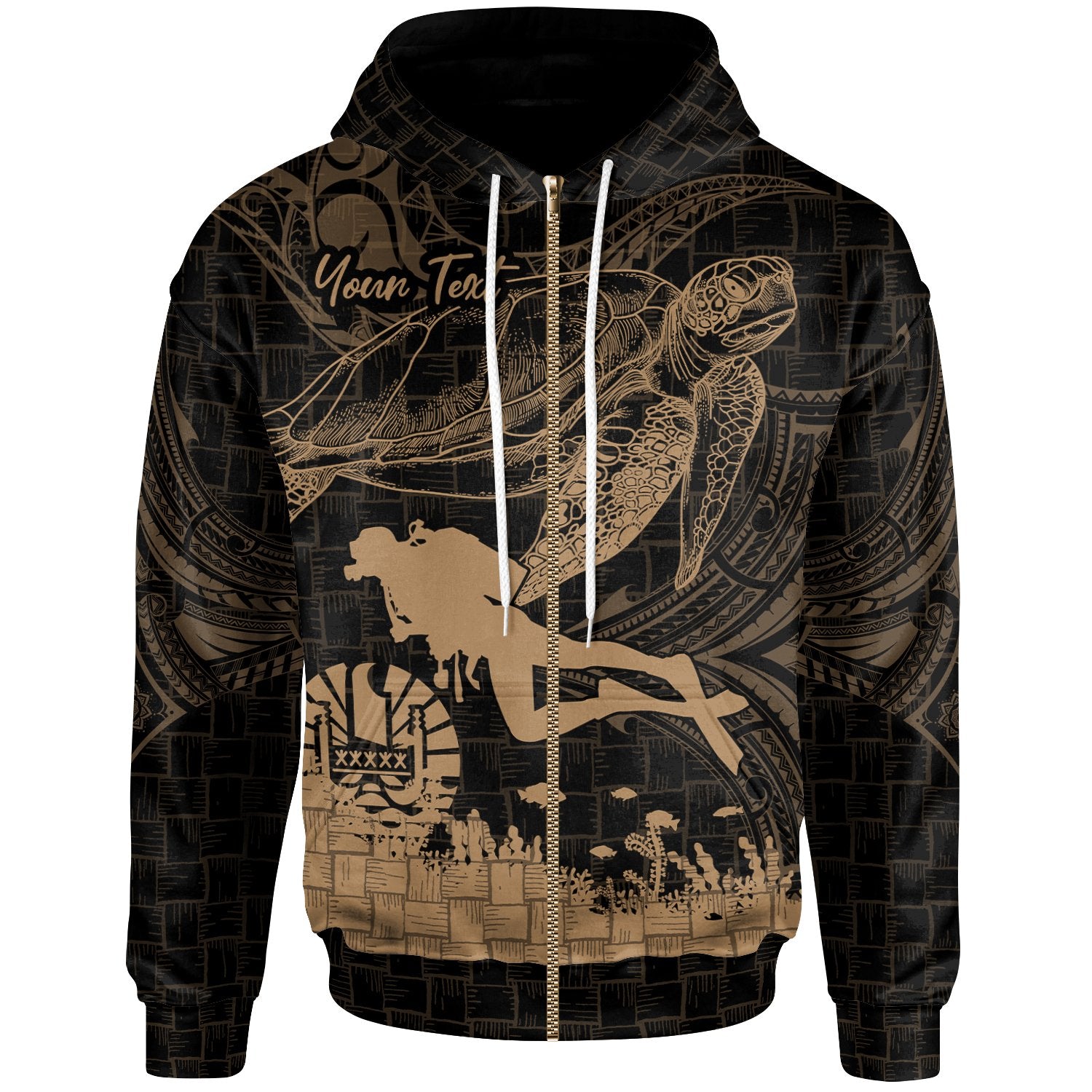 Tahiti Custom Personalized Zip up Hoodie Scuba Diving With Turtle Unisex Gold - Polynesian Pride