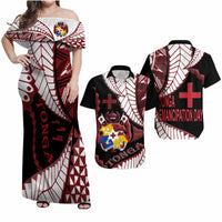Polynesian Couple Outfits Tonga Emancipation Day Matching Dress and Hawaiian Shirt Kupesi Pattern No.1 Black LT9 Black - Polynesian Pride