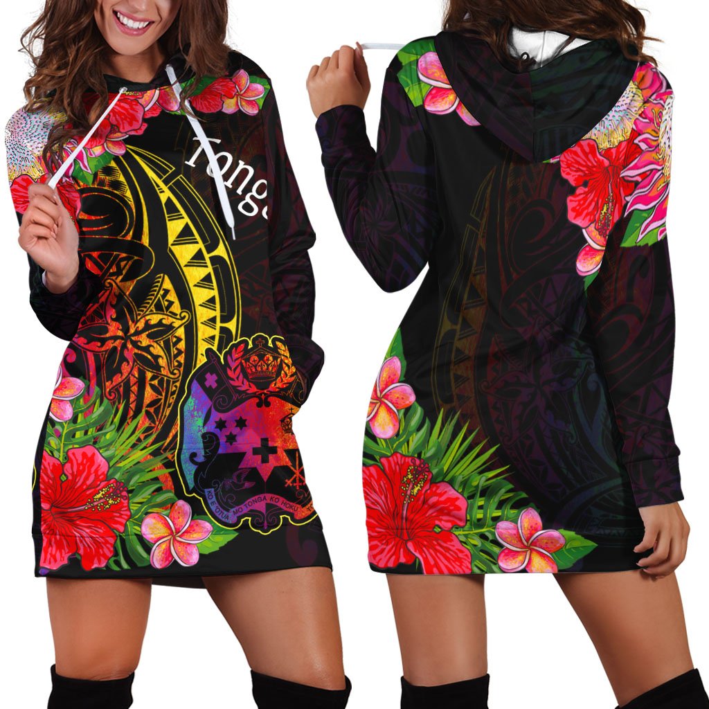 Tonga Hoodie Dress - Tropical Hippie Style Black - Polynesian Pride