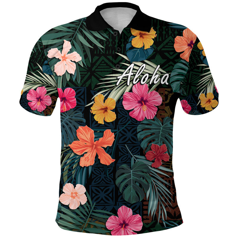 Hawaii Polo Shirt Tribal Elements and Hibiscus Version LT9 Adult Green - Polynesian Pride