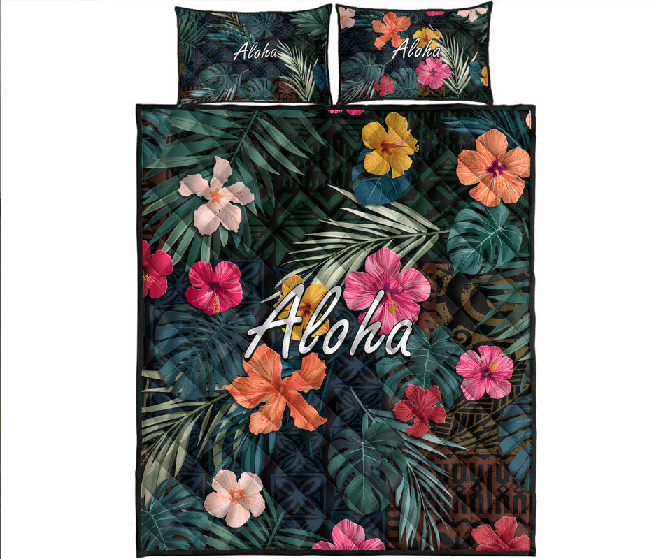 Hawaii Quilt Bed Set Tribal Elements And Hibiscus Version LT9 Green - Polynesian Pride