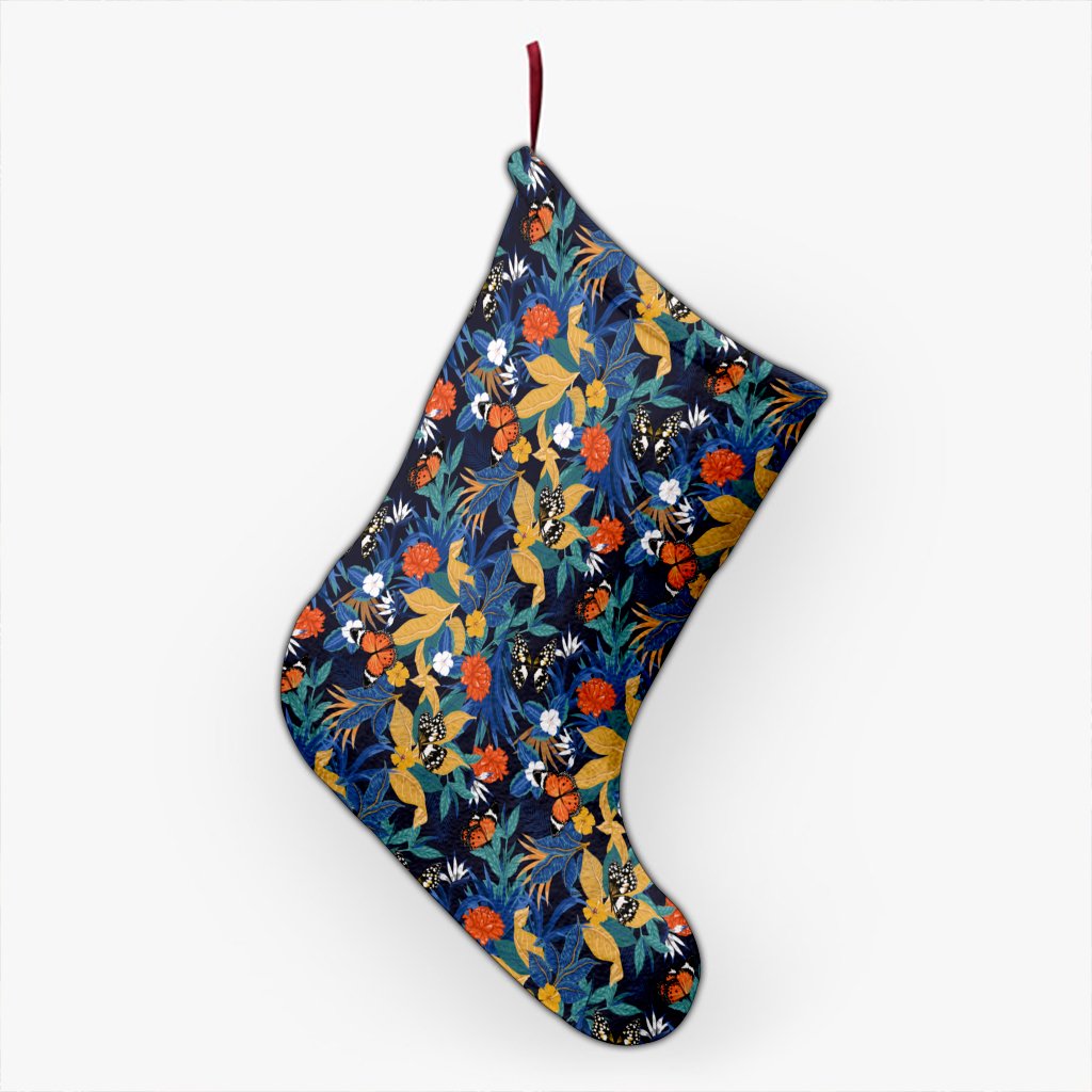 Tropical Buttterfly And Flower Christmas Stocking 26 X 42 cm Black Christmas Stocking - Polynesian Pride