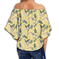 Tropical Flamingo Yellow Women's Off Shoulder Wrap Waist Top - AH - Polynesian Pride