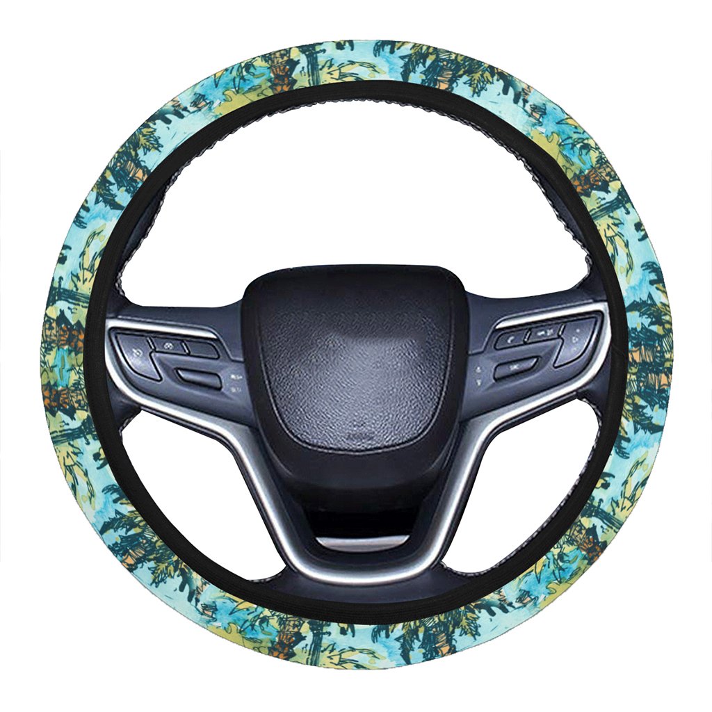 Tropical Palm Trees Blue Hawaii Universal Steering Wheel Cover with Elastic Edge One Size Blue Steering Wheel Cover - Polynesian Pride
