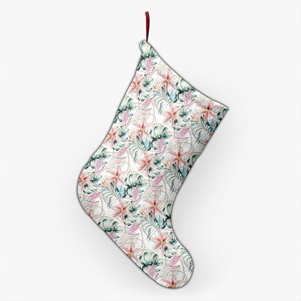 Tropical Pattern With Orchids Leaves And Gold Chains Christmas Stocking 26 X 42 cm Black Christmas Stocking - Polynesian Pride