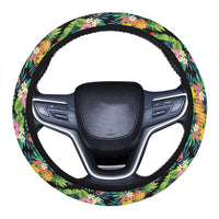 Tropical Pattern With Pineapples Palm Leaves And Flowers Hawaii Universal Steering Wheel Cover with Elastic Edge One Size Blue Steering Wheel Cover - Polynesian Pride