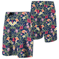 Tropical Hibiscus Red And Plumeria White Board Shorts Men Black - Polynesian Pride