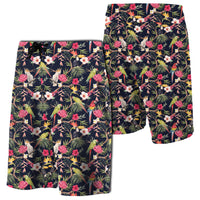 Tropical Hibiscus, Strelitzia Palm Leaves Board Shorts Men Black - Polynesian Pride