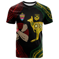 Custom Aussie Kangaroos Mix Mate Maa Tonga T Shirt Aboriginal with Kupesi LT7 Black - Polynesian Pride