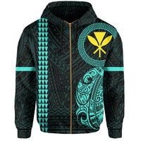 Polynesian Kakau Kanaka Flag of Hawaii Zip Hoodie Turquoise - Polynesian Pride